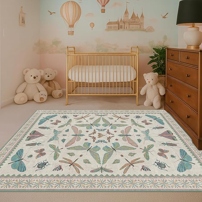 Light Blue and Pink Rug 4x6 Rugs for Bedroom Under Bed - Insect Print Multi Color Decor, Low Pile Non Slip Stain Resistant Throw Rug for Nursery Room Boys, Kitchen, Floor Carpet Aesthetic