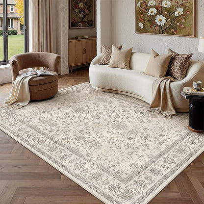 PureCozy 5x7 Area Rug Beige Washable Vintage Carpet Living Room Bedroom Non Slip Stain Soft Resistant Low Pile Thin Boho Accent Indoor Throw Rug for Dining Room Office