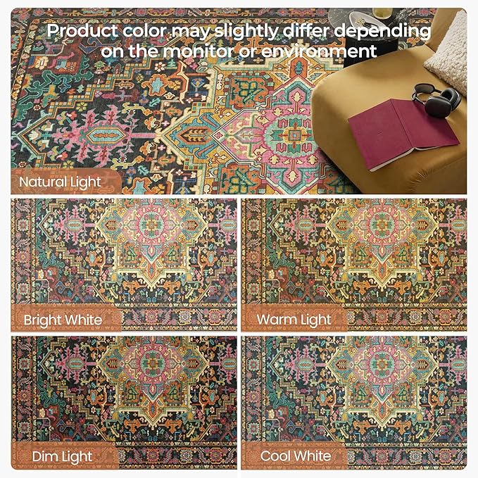 Kokia 6x9 Washable Black and Pink Area Rugs with Vintage Orient Design Soft Rug for Living Room or Home Office Non-Slip Low Pile Stain Resistance Features Distressed Medallion Pattern