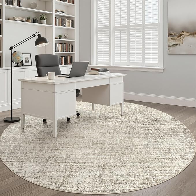 6ft Round Rug Living Room: 6x6 Washable Large Neutral Brown Circle Area Rug Abstract Soft Modern Stain Resistant Indoor Floor Non-Slip Carpet for Bedroom Nursery Kids Office Playroom Dining Room