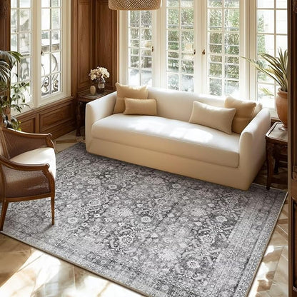 Washable 4x6 Rugs for Living Room, Boho Non-Slip Vintage Distress Small Rugs for Bedroom Nursery Office, 0.3" Neutral Oriental Throw Thin Carpet with Cushioning Pad, Grey/Multi, C5