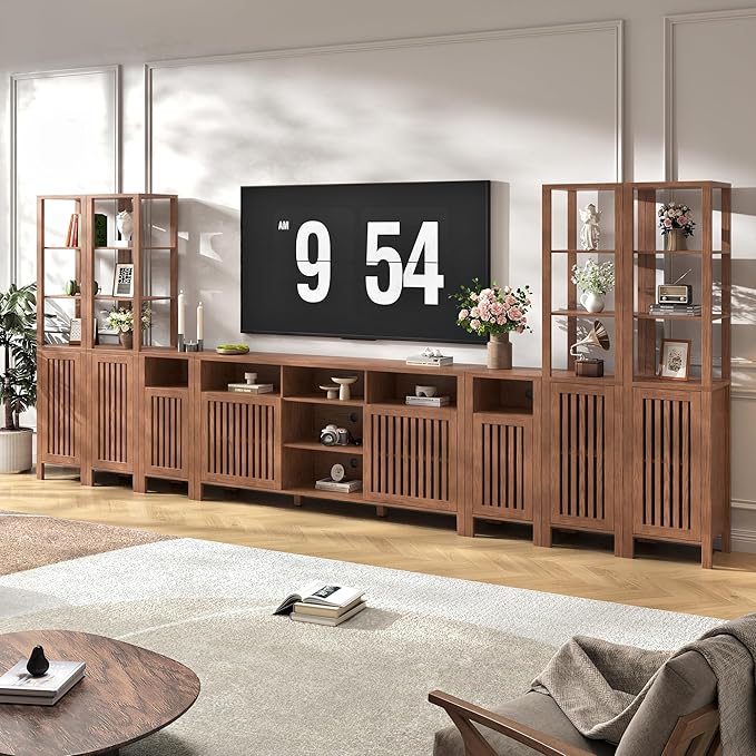 BVIUNTWO Farmhouse TV Stand for 100 inch TVs, Entertainment Center with Bookshelves, 8 Door Media Console with Adjustable Shelves, Storage Cabinet for Living Room Bedroom Home Theater, Rustic Brown