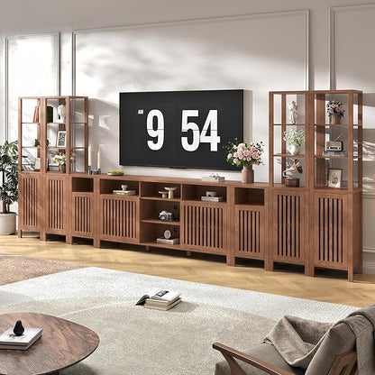 BVIUNTWO Farmhouse TV Stand for 100 inch TVs, Entertainment Center with Bookshelves, 8 Door Media Console with Adjustable Shelves, Storage Cabinet for Living Room Bedroom Home Theater, Rustic Brown