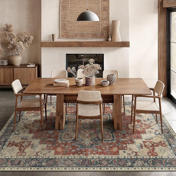 GENIMO 5x7 Area Rugs for Living Room, Machine Washable Non Slip Vintage Rugs, Low Pile Lightweight Chenille Print Rug for Bedroom, Dining Room, Home Office,Bordeaux