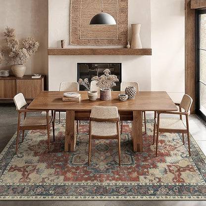 GENIMO 8x10 Area Rugs for Living Room, Machine Washable Non Slip Vintage Rugs, Low Pile Lightweight Chenille Print Rug for Bedroom, Dining Room, Home Office,Bordeaux