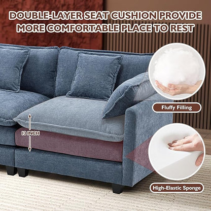 Ihanherry 111.4 Inch 3-Seater Cloud Sofa, Modular Sectional Couch, Modern Deep Seat Sofa for Living Room, Comfy Double Layer Upholstered Seat Cushion, Breathable Chenille Fabric, Blue