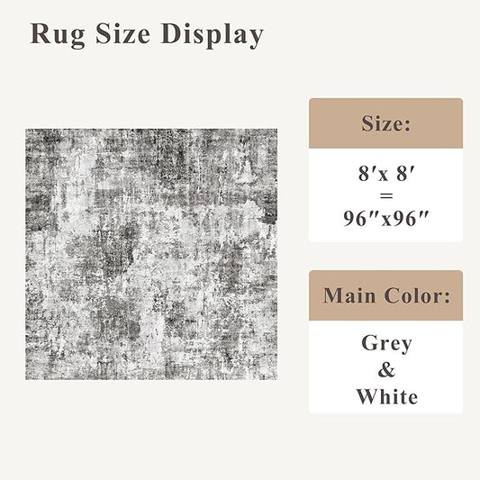 8x8 Square Area Rug Living Room – Non-Slip Washable Large Floor Carpet for Bedroom Dining Room Playroom Room – Modern Abstract Neutral Thin Low-Pile Big Indoor Rug (Grey)