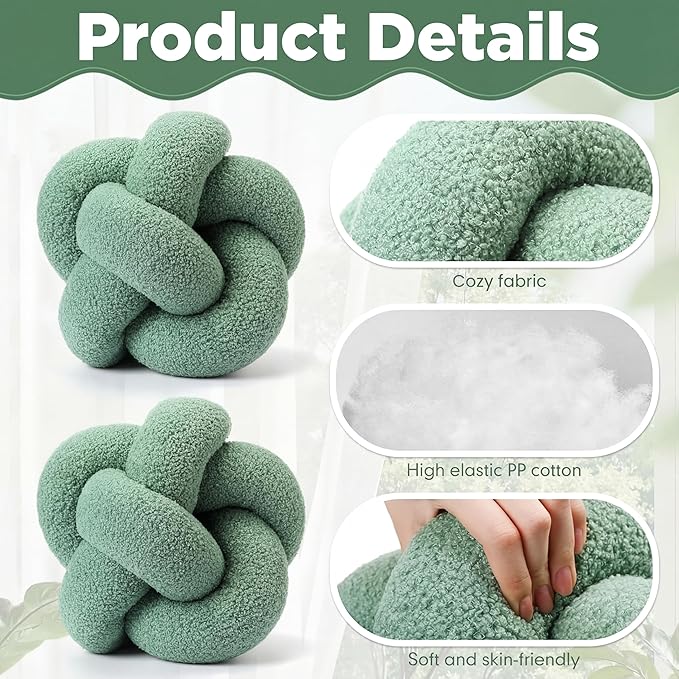 Beeveer 2 Pcs Knot Pillow Ball 12 Inch Soft Decorative Teddy Boucle Knot Throw Pillows for Home Bed Couch Living Room Decor (Green)