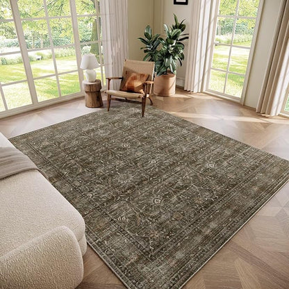 Washable 6x9 Area Rugs for Living Room, Boho Non-Slip Vintage Distress Large Rugs for Bedroom Dining Room Nursery Office, 0.3" Neutral Oriental Throw Thin Carpet, Rust/Multi, D2