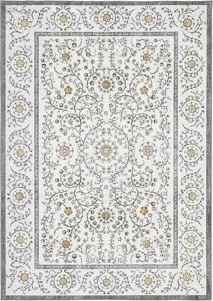 GarveeHome Boho 8x10 Area Rugs for Living Room, Floral Vintage Rugs for Bedroom with Soft Low Pile, Non Slip Stain Resistant Washable Rug 8x10 for Dining Room Grey Large Carpet for Office Playroom