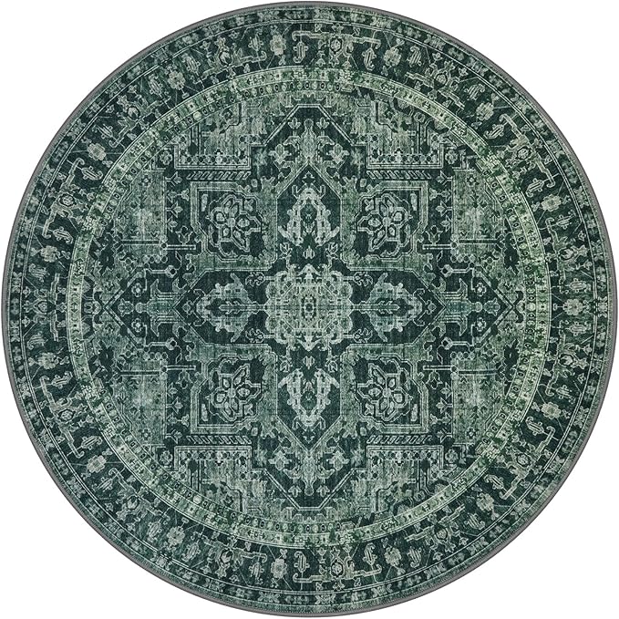 KOZYFLY Round Rug 6 Ft Rugs for Entryway Washable Circle Rug Non Slip Round Living Room Rugs Printed Faux Wool Round Dining Room Floor Carpet Floor Carpet for Entryway, Bedroom, Dark Green