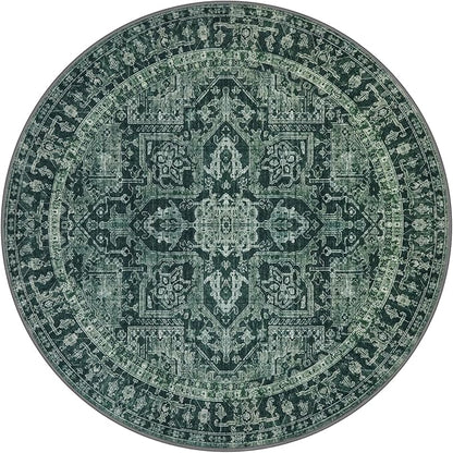 KOZYFLY Round Rug 6 Ft Rugs for Entryway Washable Circle Rug Non Slip Round Living Room Rugs Printed Faux Wool Round Dining Room Floor Carpet Floor Carpet for Entryway, Bedroom, Dark Green
