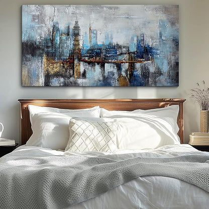 Pogusmavi Large Wall Art for Bedroom Abstract City View Canvas Art Modern Home Decor Gray Blue Buildings Prints for Bedroom Wall Art Office Artwork Wall Decor for Living Room Decor 29x58 inches