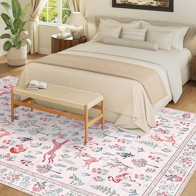 DUKINO 6x9 Rug, Washable Animal Living Room Rug with Non Slip Vintage Design, Soft Low Pile Large Carpet for Bedroom, Nursery, Dining Room, Farmhouse, Playroom, Pink