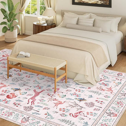 DUKINO 6x9 Rug, Washable Animal Living Room Rug with Non Slip Vintage Design, Soft Low Pile Large Carpet for Bedroom, Nursery, Dining Room, Farmhouse, Playroom, Pink