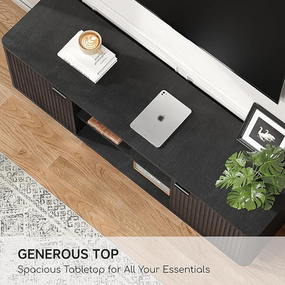 Fatmok TV Stand, 58" Modern Media TV Console Table with Storage for 55/60/65 inch TV, Mid Century Entertainment Center with Fluted Door Cabinets and Open Shelves TV Cabinet for Living Room, Bedroom