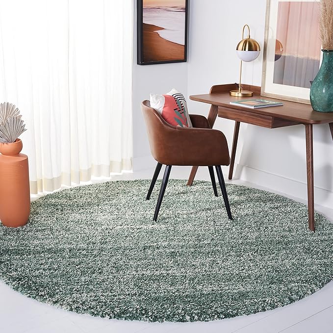 SAFAVIEH Hudson Shag Collection 7' Round Green/Ivory SGH295E Modern Abstract Non-Shedding 2-inch Thick Entryway Foyer Living Room Bedroom Kitchen Area Rug