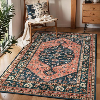 Tangsoo Vintage 4x6 Rug for Living Room,Washable Indoor Area Rug Red Blue Non-Slip Rubber Backing Soft Low Pile Carpet for Front Porch Dining Room Patio Bedroom