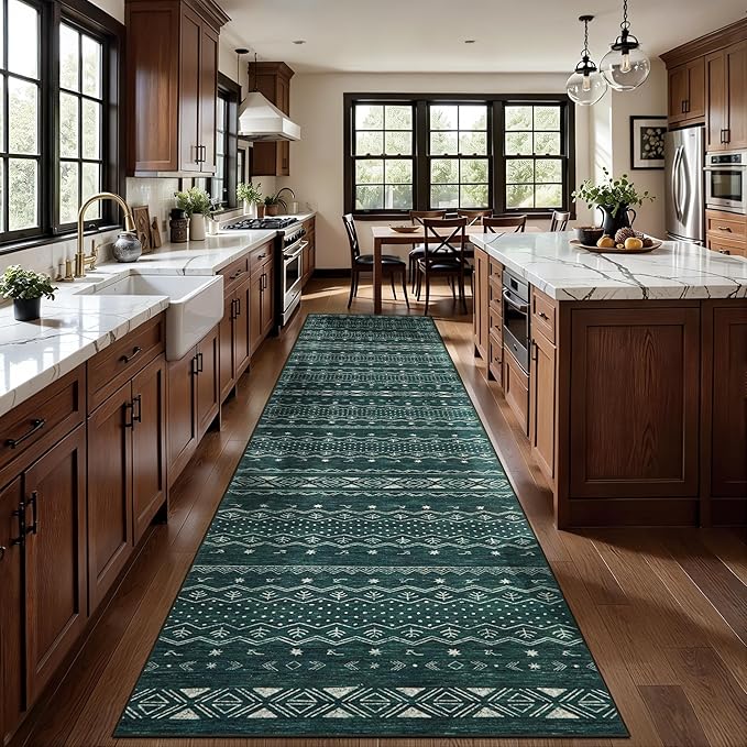 SERISSA Hallway Runner Rug, 2'6"x8' Washable Non-Slip Dark Green Boho Rug, Soft Low-Pile Geometric Indoor Long Carpet for Kitchen Laundry Room Bathroom Bedroom Entryway