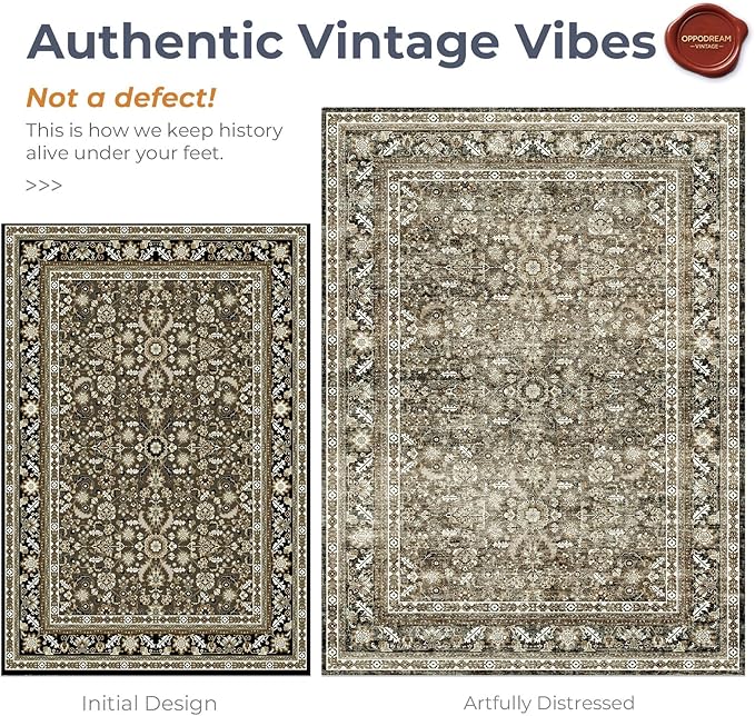 OPPODREAM Vintage Brown Round Rug 8ft, 8 ft Retro Washable Circle Rug Non Slip, Low-Pile Faux Wool Circular Carpet, Distressed Floor Mat for Living Room, Bedroom, Office, Dorm, Dinning Room