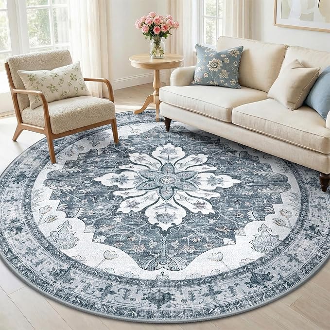RELEANY Area Rugs Round 6ft Washable Non-Slip, Floral Vintage Distress Print Pattern Medallion Carpet for Living Room Bedroom Dining Room, Light Gray Grey White