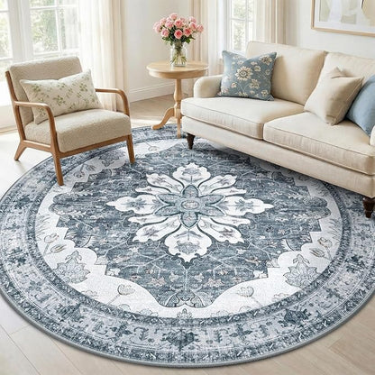 RELEANY Area Rugs Round 6ft Washable Non-Slip, Floral Vintage Distress Print Pattern Medallion Carpet for Living Room Bedroom Dining Room, Light Gray Grey White