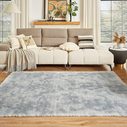Floralux 9x12 Living Room Rug, Tie-Dyed Light Grey, Large Shag Bedroom Rugs, Soft Fluffy Shaggy Carpets