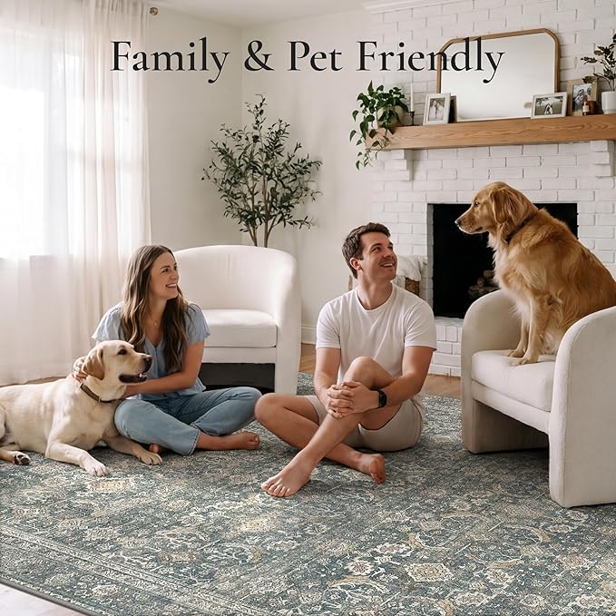 GENIMO 8x10 Area Rugs for Living Room, Machine Washable Non Slip Vintage Rugs, Low Pile Lightweight Chenille Print Rug for Bedroom, Dining Room, Home Office, Deep