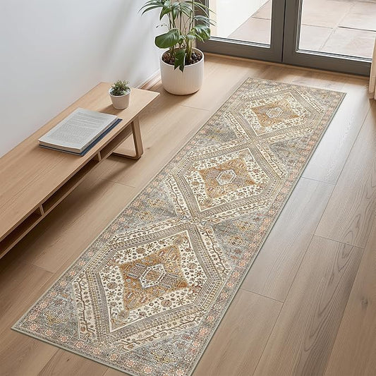 Bavni Runner Rug 2x10 Kitchen Rugs for Hallways Entryway, Washable Vintage Print Carpet, Ultra-Thin Chenille Low Pile Lightweight Rug with Non Slip Backing, Tan/Grey