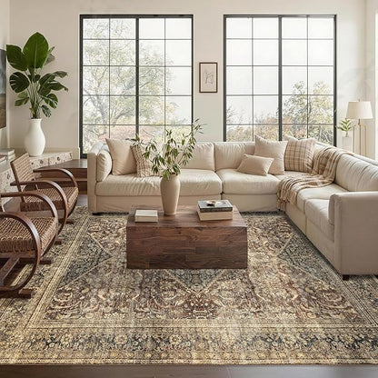 Washable 9x12 Area Rug: Vintage Brown Rugs for Living Room Bedroom Dining Room Office Indoor - Soft Non-Slip Large Carpet Home Decor - Oriental Dark Brown