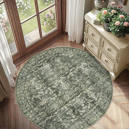5ft Green Round Washable Area Rug for Living Room Vintage Boho Non Slip Circle 5x5 Rug Distressed Floral Carpet Indoor Retro Soft Low Pile Farmhouse Throw Rug for Bedroom Nursery Office