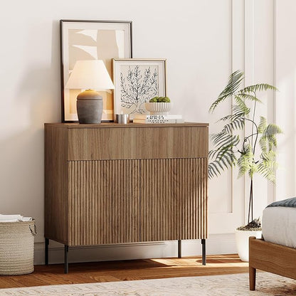 WAMPAT Fluted TV Stand TVs up to 35", 31.5" W Modern TV Entertainment Center with Storage Cabinets and 1 Drawers & 2 Doors, Wood Media TV Console Table with Storage for Living Room, Light Walnut