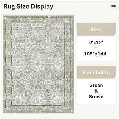 Soalmost 9x12 Area Rugs for Living Room, Non Slip Machine Washable Vintage Rugs, Low Pile Lightweight Large Rug for Bedroom, Dining Room, Home Office Green/Brown
