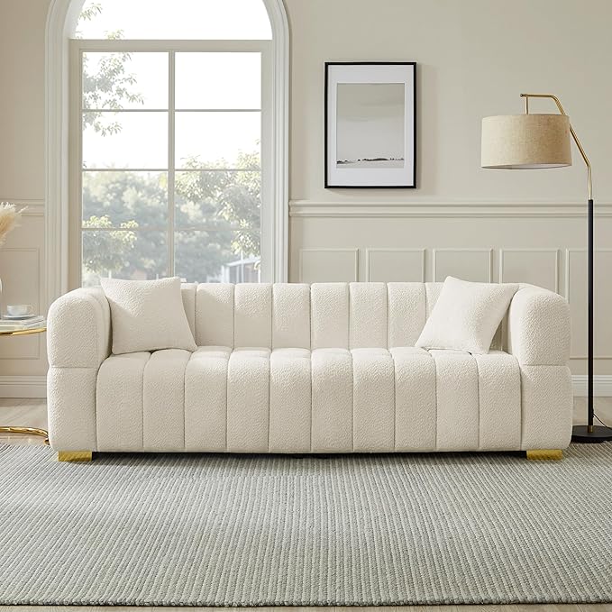 VANOMi Sofa and Chair Set, Modern Deep Seat Couch & Boucle Sofa Chairs, Oversized Upholstered Couch Sets for Living Room, Bedroom, Office, Apartment, White (2 Pieces)
