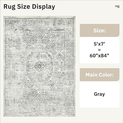 Soalmost 5x7 Area Rugs Grey Low Pile Indoor Washable Trendy Faded Style Floral Rugs for Bedroom Living Room Dining Room Foldable Non-Slip Thin Print Mat