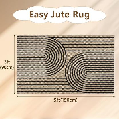 Easy Jute Rugs for Entryway, 3' x 5' Indoor Outdoor Rug, Black Farmhouse Washable Ultra-Thin Non-Slip Area Rug for Foyer, Backdoor, Living Room, Kitchen, Bedroom, Balcony