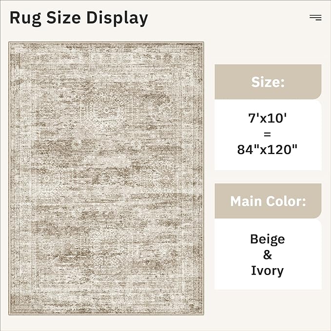 Soalmost 7x10 Area Rug for Living Room Washable Abstract Vintage Soft Thin Indoor Floor Non-Slip Carpet for Bedroom Dining Room Brown