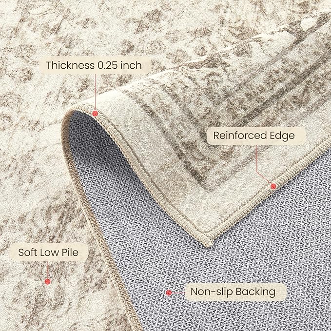 Area Rug 5x8 Washable Vintage - Soft Traditional Rugs for Living Room Large Non Slip Backing with Low Pile Farmhouse Oriental Retro Carpet for Bedroom Dining Room or Home Office - Yellowish Brown