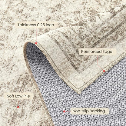 Area Rug 5x8 Washable Vintage - Soft Traditional Rugs for Living Room Large Non Slip Backing with Low Pile Farmhouse Oriental Retro Carpet for Bedroom Dining Room or Home Office - Yellowish Brown