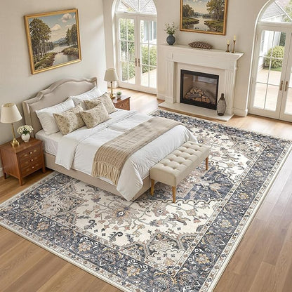 12x15 Washable Area Rugs for Living Room: Non Slip Vintage Beige Blue Rug, Large Soft Stain Resistant Indoor Floor Carpets for Bedroom Dining Room Nursery Home Office Kid & Pet Friendly