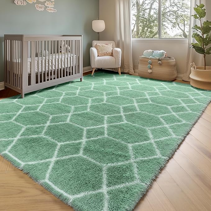ONASAR Rugs for Living Room Bedroom, 5x8 Fluffy Sage Green and White Area Rug, Geometric Boho Soft Plush Shaggy Floor Carpets for Nursery Kids Girls Boys Teen Dorm Home Decor Aesthetic
