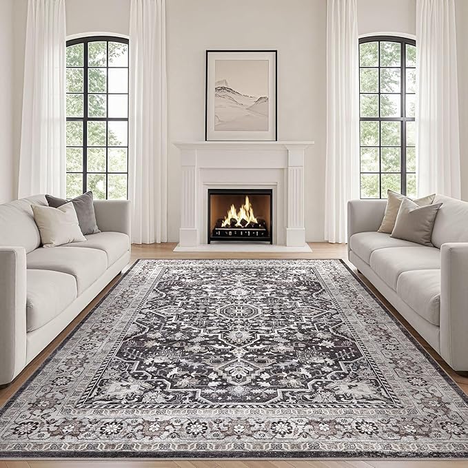 Black Rug Living Room Rugs: 7x10 Washable Boho Large Vintage Moody Soft Stain Resistant Oriental Farmhouse Non-Slip Indoor Floor Carpet for Bedroom Playroom Office Dining Room Retro Home Decor
