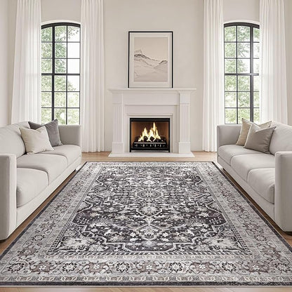 Black Rug Living Room Rugs: 8x10 Washable Boho Large Vintage Moody Soft Distressed Oriental Stain Resistant Non-Slip Indoor Floor Carpet for Bedroom Playroom Office Dining Room Retro Home House