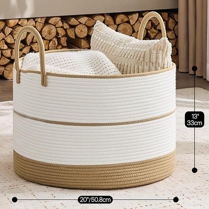 KAKAMAY Cotton Rope Storage Basket (20"x13"),Woven Blanket Baskets for Toys,Pillows,Clothes,Sturdy Handles Decorative Basket for Living Room, Bedroom,Nursery(Brown/Black)