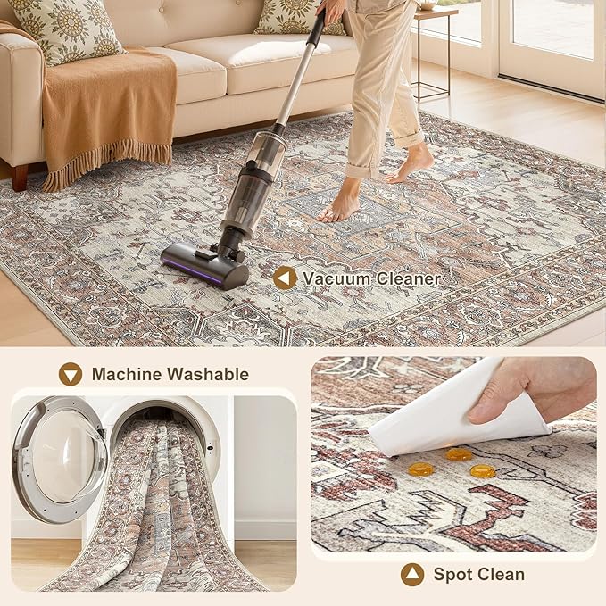 6x9 Washable Area Rugs for Living Room: Non Slip Vintage Brick Red Rug, Large Soft Stain Resistant Indoor Floor Carpets for Bedroom Dining Room Nursery Home Office Kid & Pet Friendly