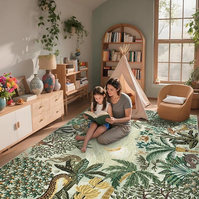 GarveeHome 6x9 Area Rug Jungle Green Washable Rugs for Living Room Bedroom, Soft Low Pile Non Slip Accent Floor Mat Animal Print Tiger Throw Rug Indoor Carpet Dining Room Playroom