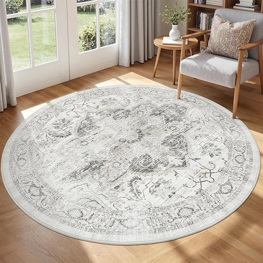 Washable 6ft Round Area Rug - Vintage Non-Slip Circle Rugs for Living Room, Low-Pile Stain Resistant Round Indoor Carpet for Bedroom Dining Room Ivory/Gray