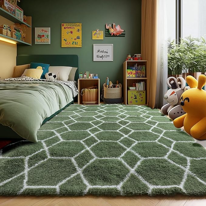 ONASAR 6x9 Area Rugs for Living Room Bedroom, Large Fluffy Olive Green and White Throw Rug, Geometric Soft Plush Shaggy Fuzzy Floor Carpet for Nursery Kids Girls Boys Teen Dorm Home Office Decor