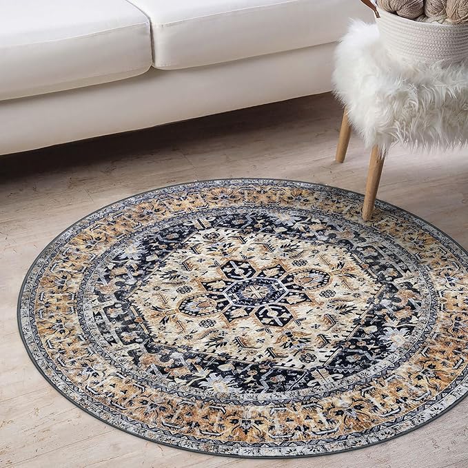 KOZYFLY Boho Round Rug 3 Ft Rugs for Entryway Washable Circle Rug Non Slip Doormat Gold/Orange/Navy Printed Faux Wool Vintage Round Entryway Rug Floor Carpet Round for Bedroom