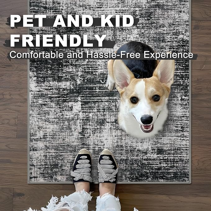 KILOCOCO Modern Abstract Runner Rug 2x6 ft Washable Hallway Runner Rug Non Slip Soft Pinted Kitchen Runners for Hallways Entryway Bedside Laundry Room Floor Runners, Black/Grey